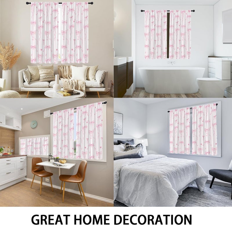 Coxila Pink Bow Window Curtains for Bedroom 42 x 63 Inch Rod Pocket Cute Girls Girly Kids White Blush Preppy Princess Kawaii Pastel Aesthetic Home Bedroom Living Room Treatment Set of 2 Panels Drapes - Image 5